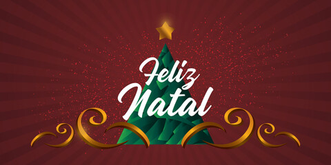 Portuguese brazilian title saying Happy Christmas. Christmas design, with golden, red and green elements. Vector illustration greeting card, ad, poster, flyer, web-banner, promotion