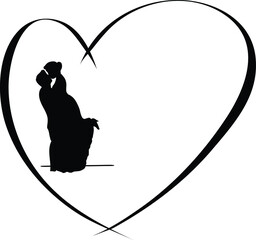 Silhouette of a couple in a heart kissing each other