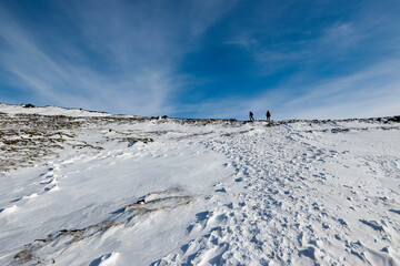 group of people hiking in the snowy mountains in Iceland