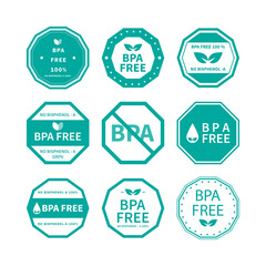 Obraz premium Set of BPA FREE Logo. No Bisphenol A 100%. Flat vector icon for non-toxic plastic. Logo and badge for drinking water bottle, packaging plastic. Polygon design shape. Vector illustration.