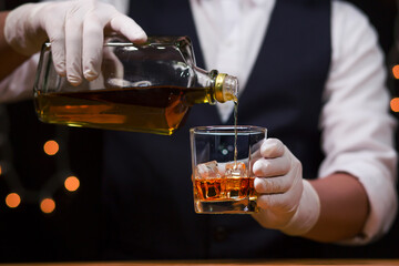 Bartender Serve Whiskey, on wood bar, 