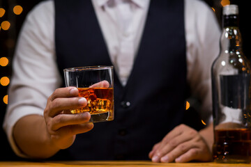 Bartender Serve Whiskey, on wood bar, 