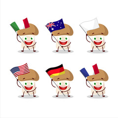 Champignon cartoon character bring the flags of various countries
