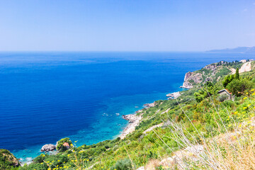 Fototapeta na wymiar Panoramic view of beautiful landscape mountains and coastline azure sea. Aerial skyline of beaches and Adriatic coast, Montenegro.