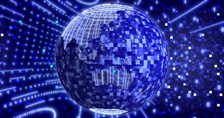 Neon Digital binary background with rotating Planet earth. animation for network, digital event. 3D illustration