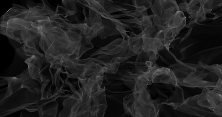 Floating white smoke on black background. Dry ice smoke fog Abstract smoke clouds. Haze background. 3D illustration