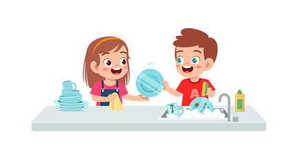 happy cute little boy and girl washing dish together