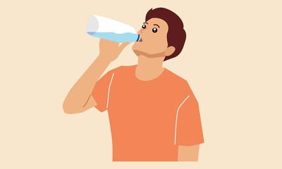 Young man is drinking water from a bottle. Vector flat illustration
