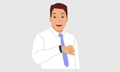 Businessman look at his watch to check the time. Vector flat illustration