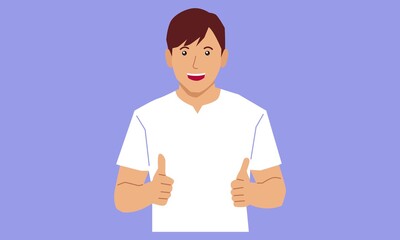 Young man making thumbs up sign with both hands. Vector flat illustration