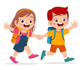 Fototapeta premium cute kid boy and girl holding hand and go to school together