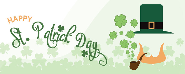 Sign of Saint Patrick's Day in cartoon and flat style with St. Patrick's Day letters on green silhouette clover plants background.