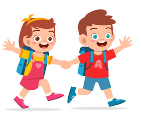 cute kid boy and girl holding hand and go to school together
