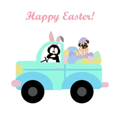 Papier Peint photo autocollant Course de voitures Easter penguin and pud in car with easter eggs