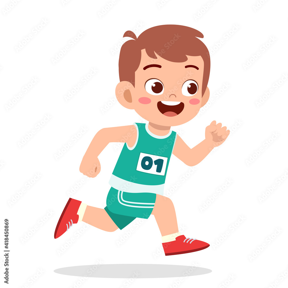 Sticker happy cute little boy run in marathon game