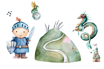 The little knight and cute princess around castle, flying green dragon. Kid set Adventure Hand drawn watercolor isolated nursery kid cartoon illustration on white background