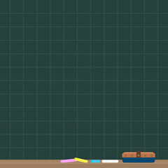 マス目がひかれた方眼黒板とチョーク・黒板消しのセット - シンプルでかわいい背景 (正方形・薄いチョーク粉付き・木目あり）