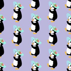 Penguin in hat with spring flowers seamless pattern