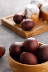 Obraz premium Still life many colorful easter eggs on a textural background. Rustic. Easter celebration concept.