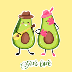 concept vector illustration of cute music avocado fruit or character playing guitar. Cute kawaii avocado fruit. Flat cartoon style. stickers.