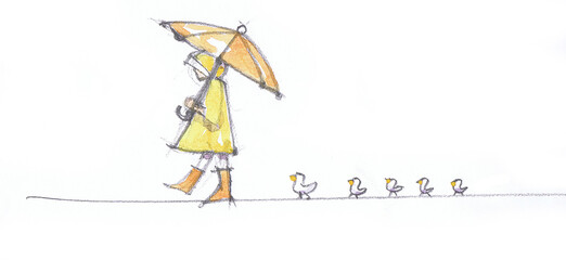 レインコートの女の子と鳥のスケッチ