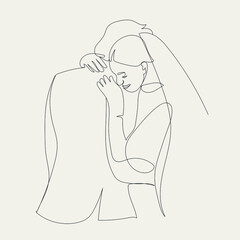 hand drawn continuous one line silhouette of bride and groom. wedding. husband and wife. woman in dress and veil hugs man.