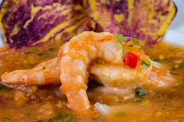 delicious shrimps of Ecuadorian food, shrimp cebiche with sweet potato