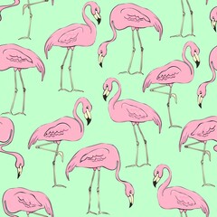 Flamingos on a background of tropical leaves and flowers. Seamless pattern. Flamingo cartoon print. Vector clipart element for design of fabric, paper, wallpaper, backgrounds.