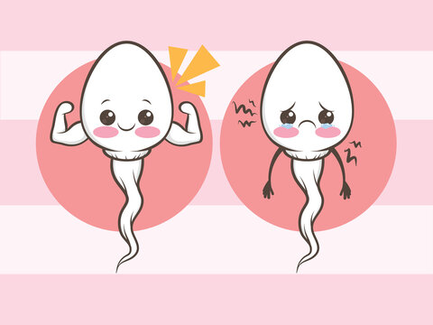 cute healthy and unhealthy sperm cells. cartoon