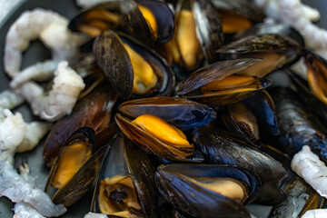 Raw mussels and shrimps close-up. The mussel in the sink is ready to be cooked.