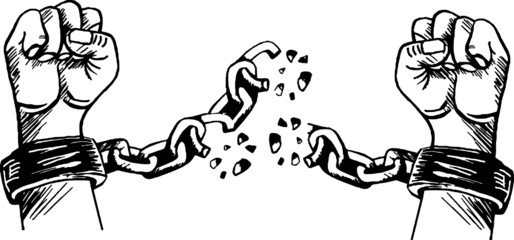 Strong hand breaking the handcuffs chain Vector illustration
