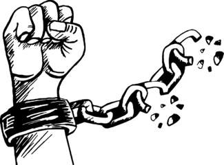 Strong hand breaking the handcuffs chain Vector illustration