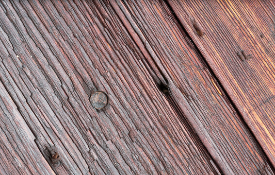 The old wood texture with nail head, bitches and cracks. Macro shot. Natural fiber pattern close up.