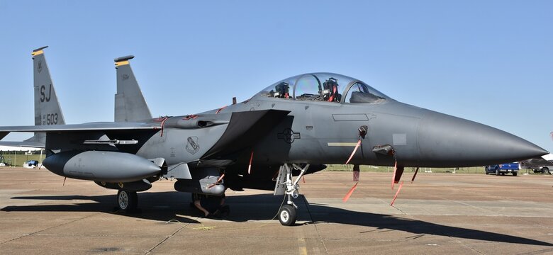 An Air Force F-15 Eagle fighter jet on a runway