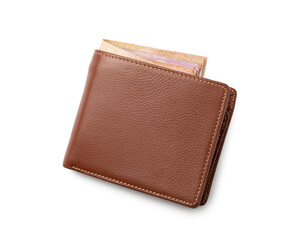 Brown men's genuine leather wallet with banknotes and credit card inside isolated on white background. Top view.