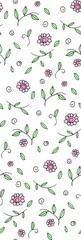 Vector background with cute flowers and leaves. Hand-drawn color doodle illustration.