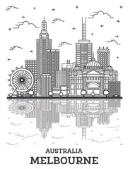 Outline Melbourne Australia City Skyline with Modern and Historic Buildings with Reflections Isolated on White.