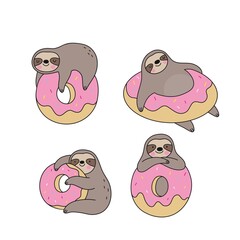 Cute cartoon sloth with sweet donut. Enamel pin kawaii sloth and donut.  © NadezdaBarkova