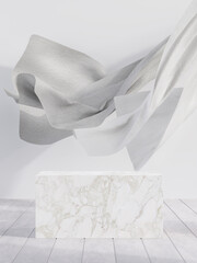 White marble display stand with a curtain blown by the wind background 3d render