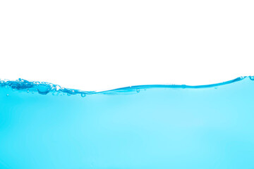 Water waves and light blue water droplets crystal clear on white background	