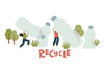 Vector flat print - People sort garbage, waste, plastic. Stop plastic vector illustration.
