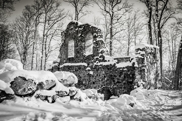 Ancient Ruins Covered with Snow in Winter in Latvia