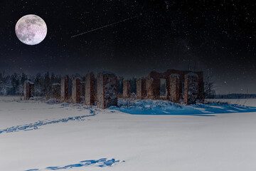 Full Moon Night Ancient Ruins in a Frozen Winter Snow Covered Field in Latvia