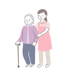 歩行介助　シニア女性／介護士