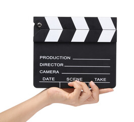Cinema clapboard in hands isolated on a white background