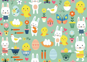 Seamless pattern with cute Easter cartoon characters