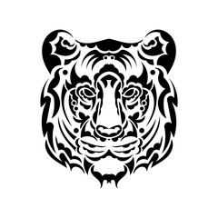 The tiger's face is made up of patterns. Lion tattoo isolated on white background. Vector illustration.