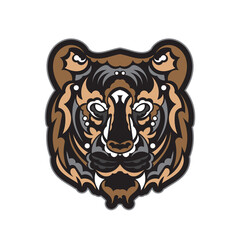 The colored face of a lion, composed of patterns. Tiger head print. For T-shirts, phone cases and cups. Vector