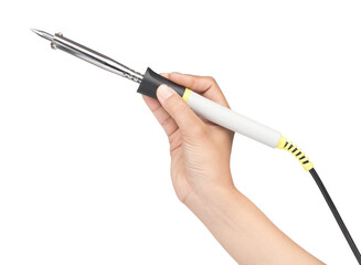 hand holding Soldering iron isolated on white background.