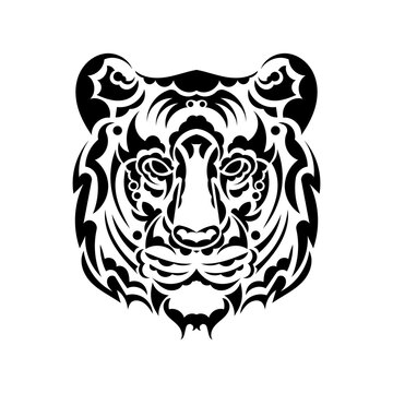 The tiger's face is made up of patterns. Lion tattoo isolated on white background. Vector illustration.